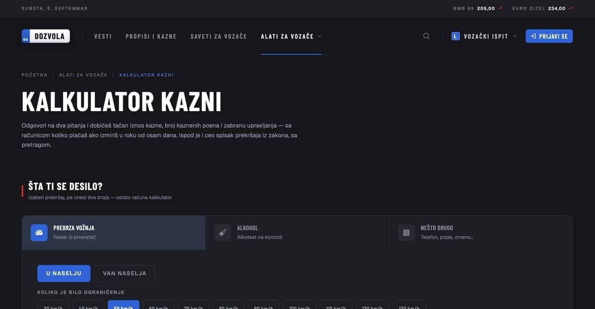 dozvola.rs — Kalkulator kazni koji odgovara na pravo pitanje